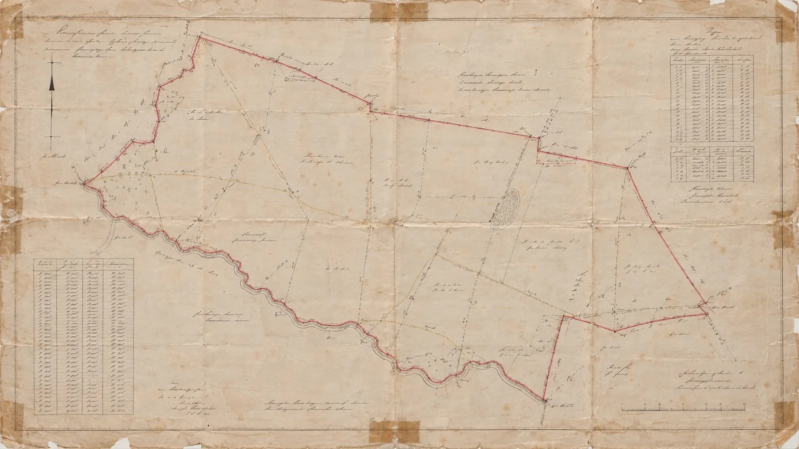 Aged agrarian parcel map with survey lines and a faded red boundary